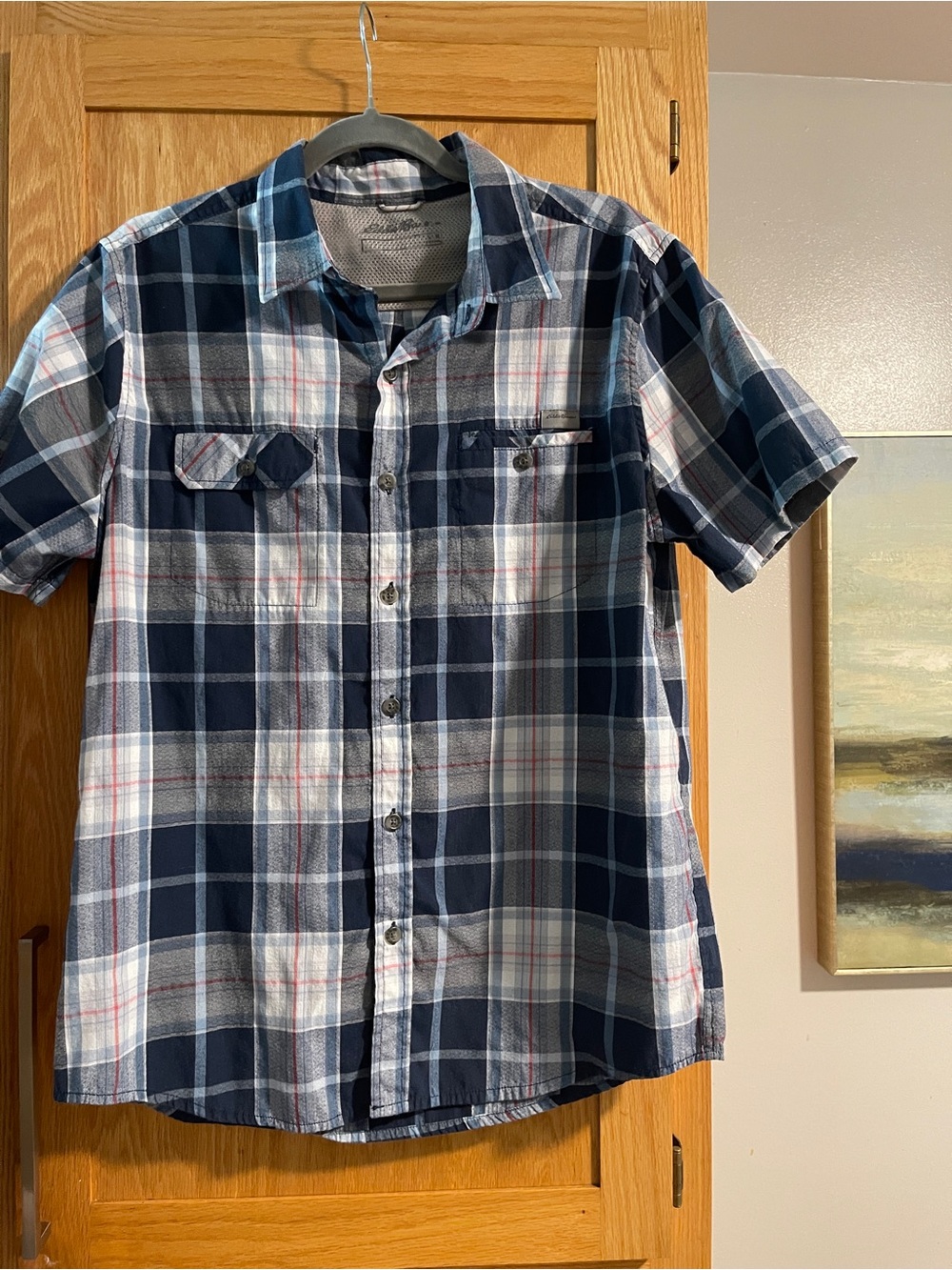 Eddie Bauer Navy and White Plaid Short-Sleeve Button-Down Shirt
